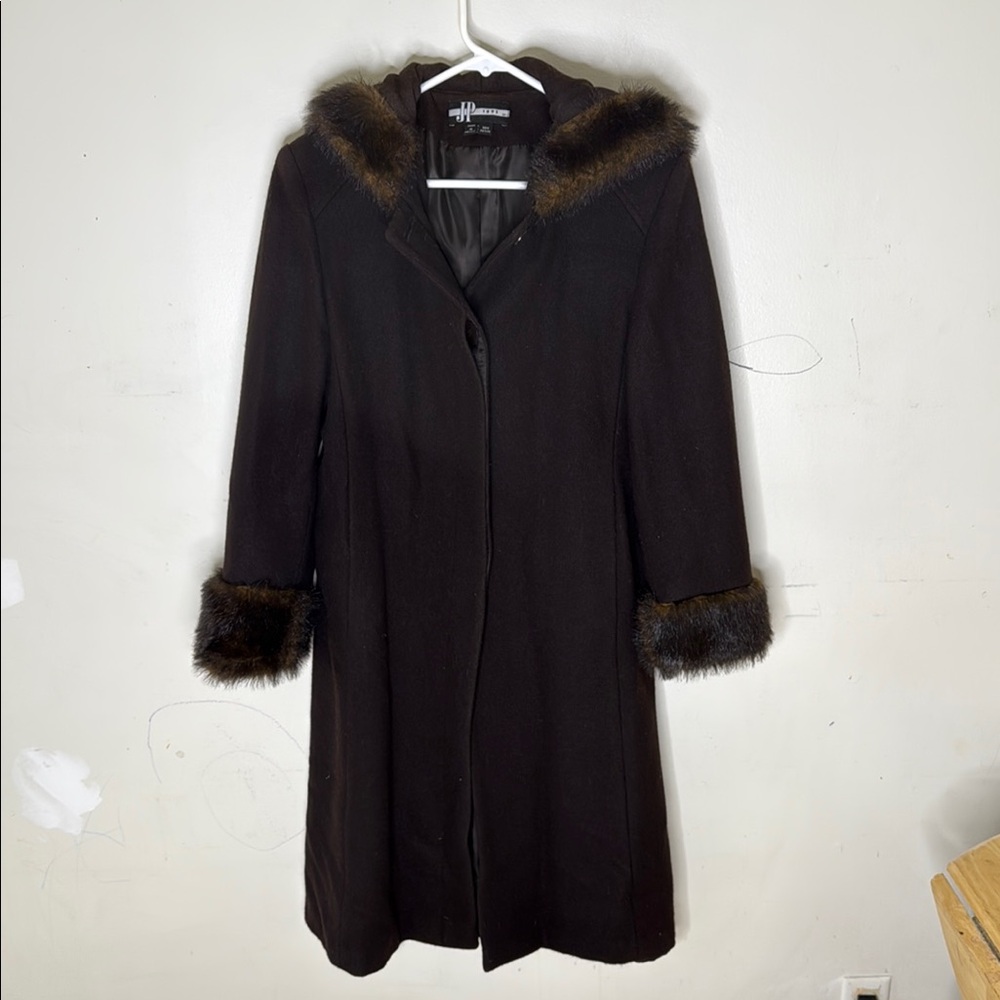 JP Vintage Wool Demi Petite Long Fur Trimmed Hood Coat Size 4DP